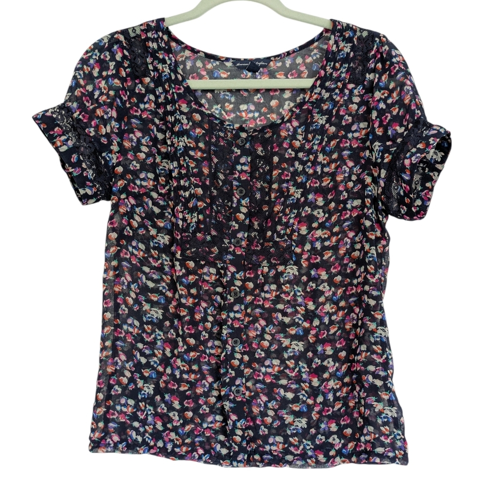 American Eagle Women’s S Whimsical Y2K Sheer Floral Short Sleeve Top Fairy